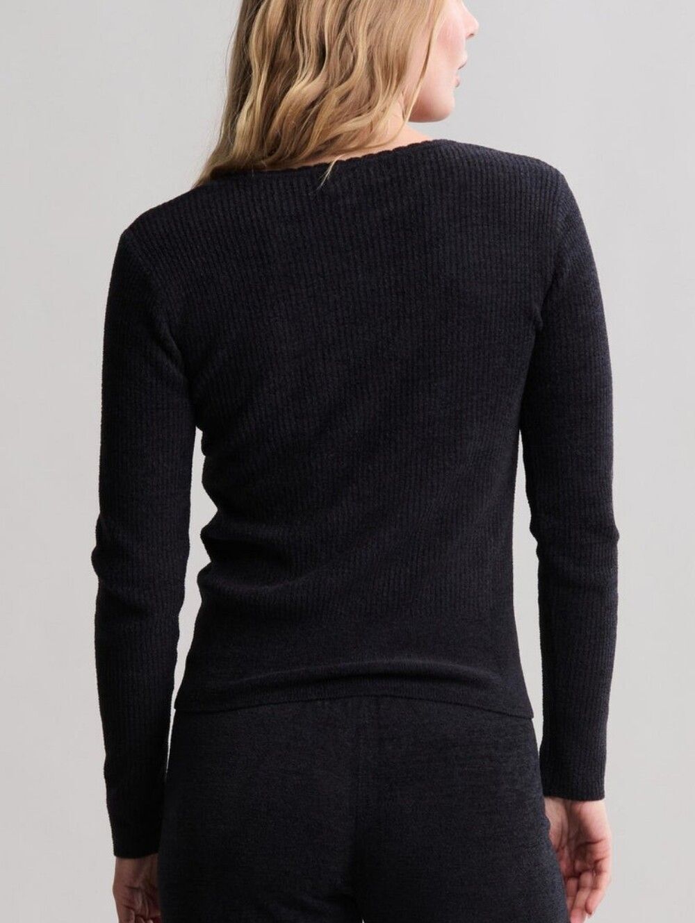 Barefoot Dreams CozyChic Ultra Lite Black Ribbed Scallop Neck Sweater Size Small - Picture 3 of 14